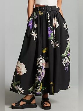 ANTHROPOLOGIE Maeve Floral Maxi Circle Skirt Belted Pockets Sz 2